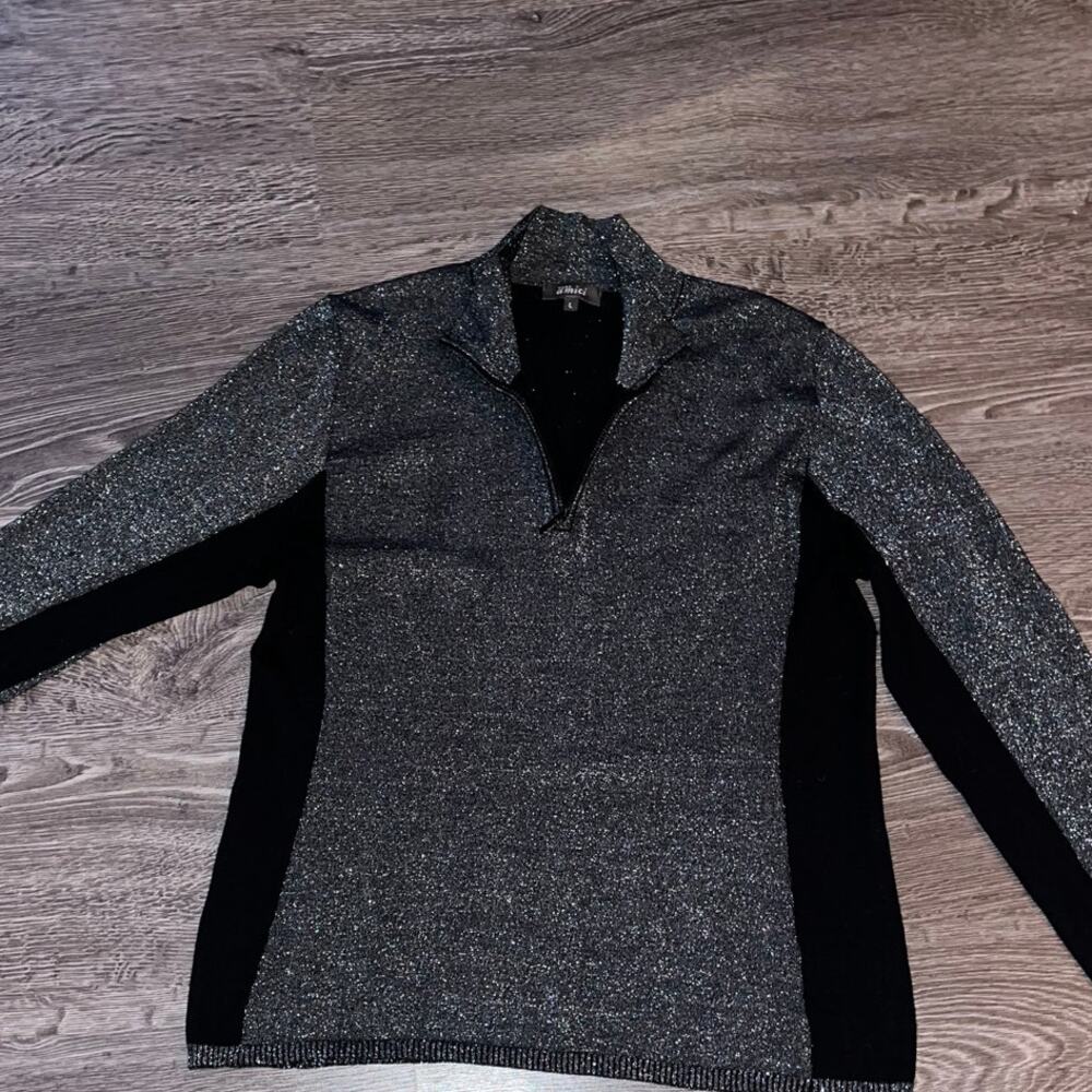 Pure Amici Metallic Knit Top L Silver Black Long Sleeve 1/4 zip Sweater (310)